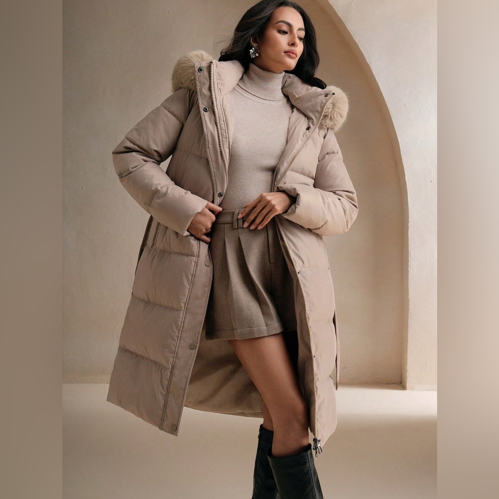 Faux fur lined hooded quilted puffer jacket long full length coat belted black - Picture 8 of 13